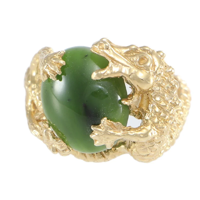 Oval Nephrite Green Jade Dragon Ring 14k Yellow Gold Hammered Vintage Cocktail