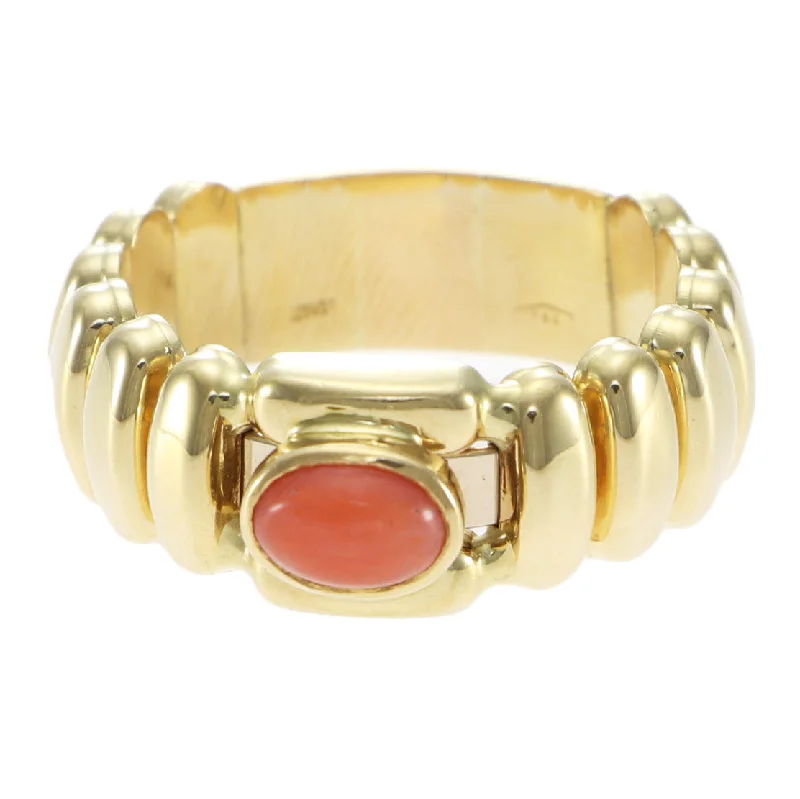 Oval Pink Coral Cocktail Ring Ribbed Band 18k Yellow Gold Womens Vintage Estate