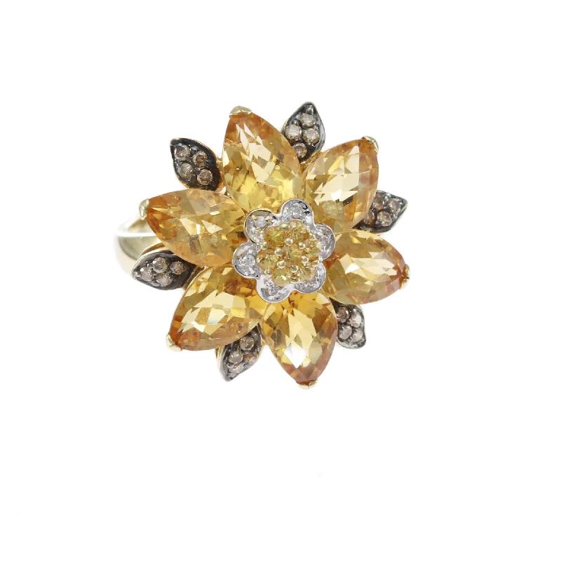 Pear Citrine Fancy Yellow Champagne Diamond Ring 14k Yellow Gold Flower Cocktail