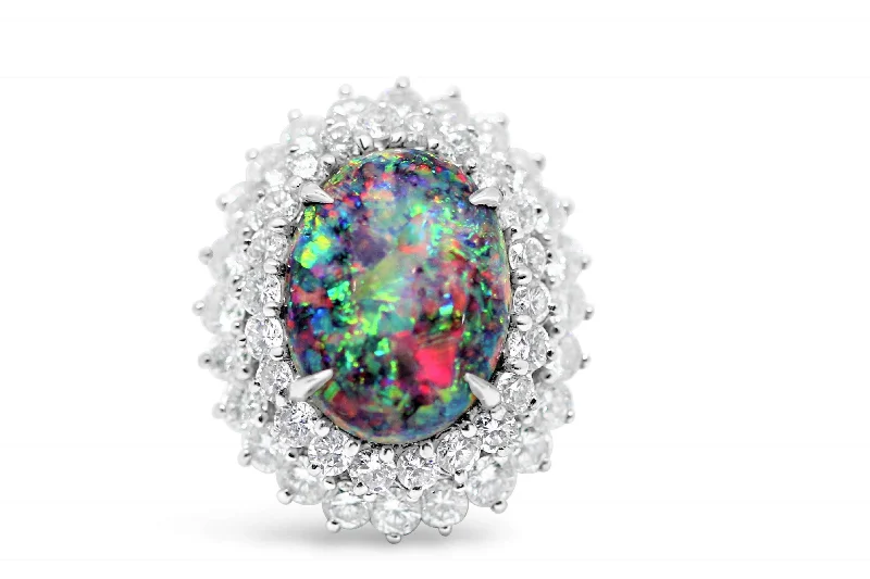 PLATINUM BLACK OPAL AND DIAMOND RING