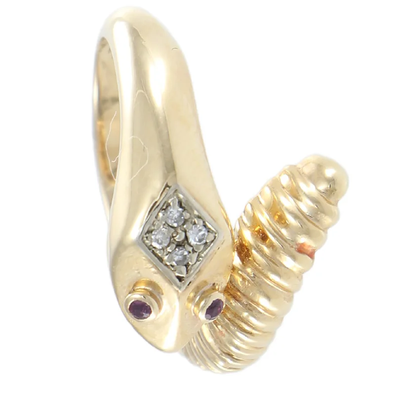 Rattle Snake Ring Ruby Diamond Womens 14k Yellow Gold Vintage Estate ByPass Band