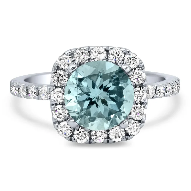 Round Diamond Halo and Aquamarine Engagement Ring