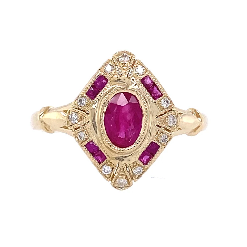 14K Yellow Gold Ruby and Diamond Vintage Inspired Ring