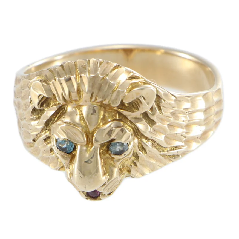 Ruby Blue Quartz Lion Head Mens Band Ring 14k Yellow Gold 1940 Antique ArtDeco