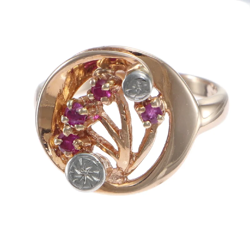 Ruby Flower Cocktail Ring 14k Rose Gold 1940s Vintage Estate