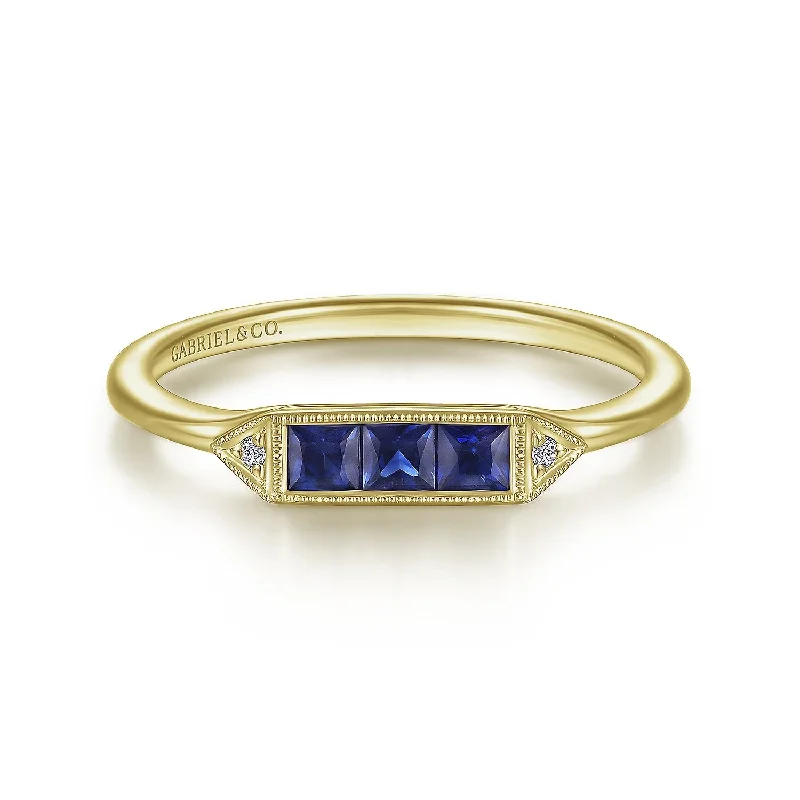 14K Yellow Gold Diamond and Trio Princess Cut Sapphire Ladies Ring