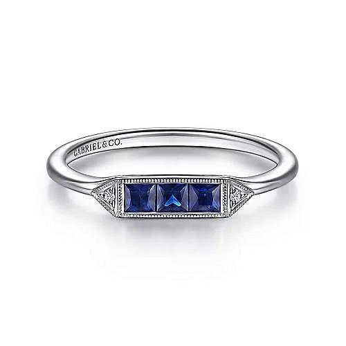 14K White Gold Princess Cut Sapphire Trio and Diamond Ring