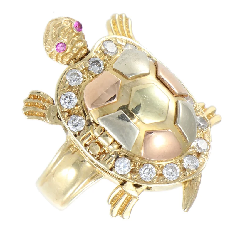 Sea Turtle Ring Diamond Ruby 14k Yellow Gold Movable Head Legs Baby Secret Shell