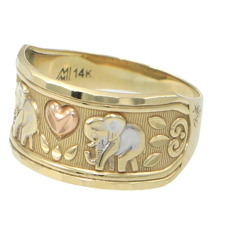 Solid 14k Yellow Gold Puffed Rose Heart Elephant Animal 11mm Wide Band Ring