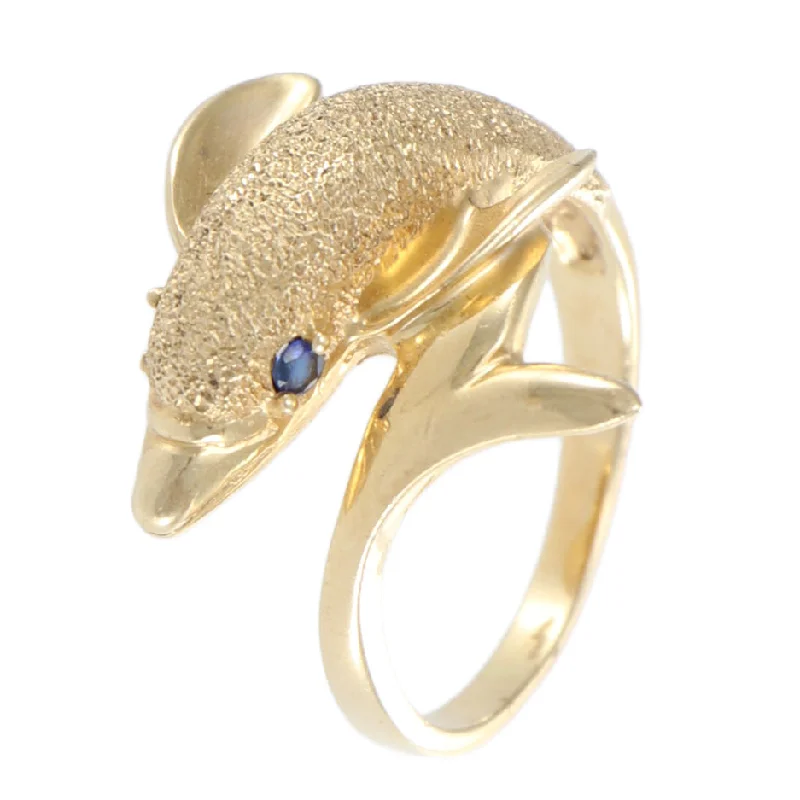 Spinner Dolphin Sapphire Wrap Ring Vintage 14k Glass Blast Yellow Gold Womens