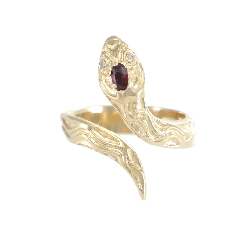 Spiral Snake Ring Oval Garnet Diamond Cuff 14k Yellow Gold Antique Victorian