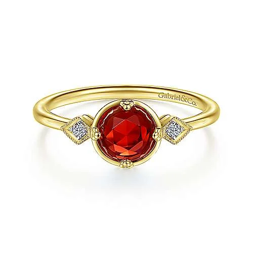 14K Yellow Gold Three Stone Garnet and Diamond Ring