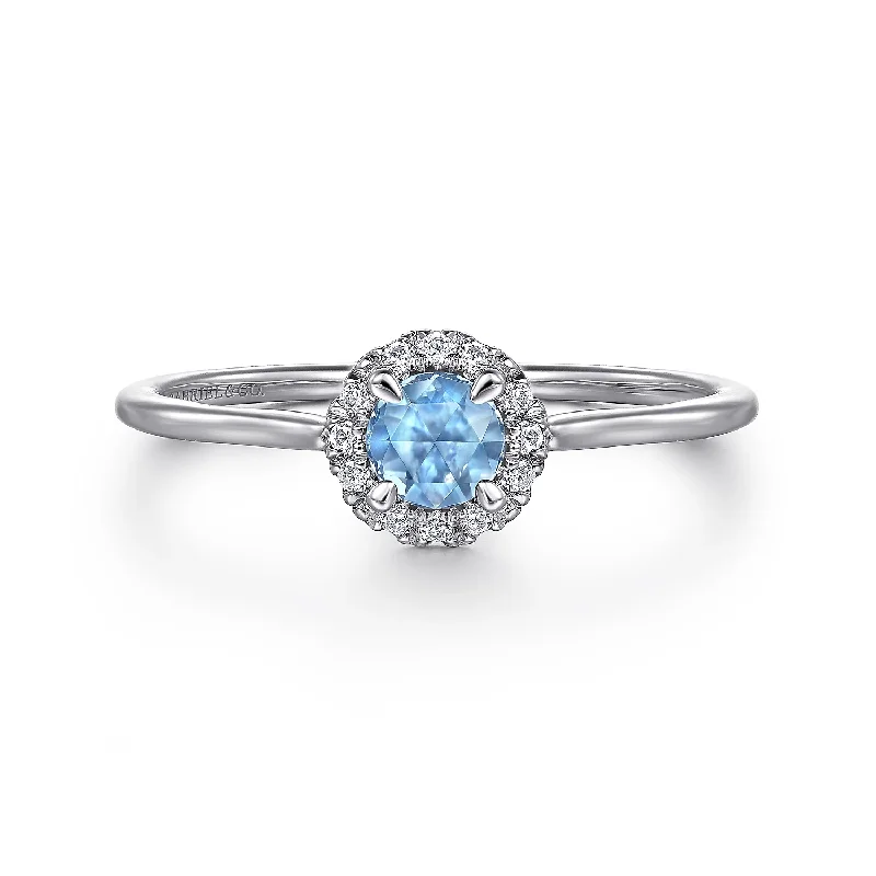 14K White Gold Blue Topaz and Diamond Halo Promise Ring