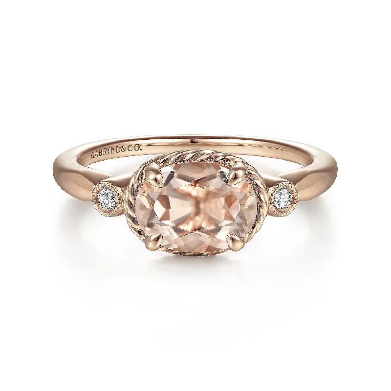 14K Rose Gold Horizontal Oval Morganite and Diamond Three Stone Ring