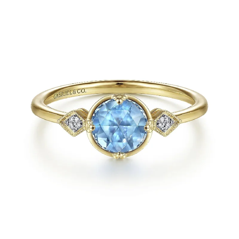 14K Yellow Gold Three Stone Blue Topaz and Diamond Ring