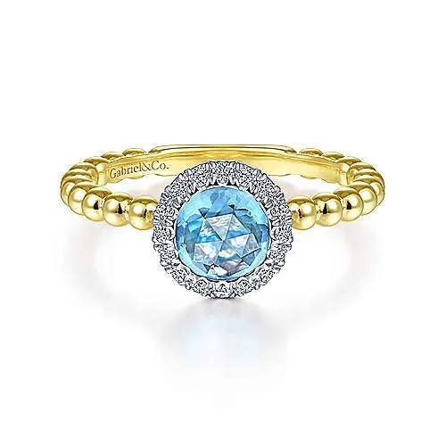 14K Yellow Gold Round Blue Topaz and Diamond Halo Ring