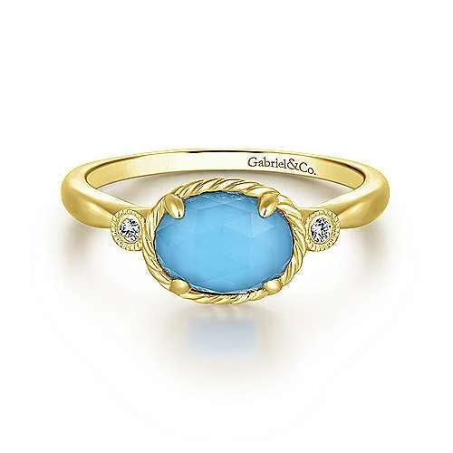 14K Yellow Gold Oval Rock Crystal Turquoise Diamond Ring