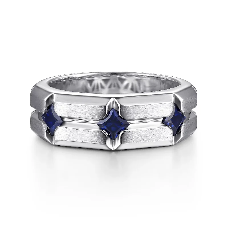 925 Sterling Silver Ring with Princess Cut Sapphire Stations