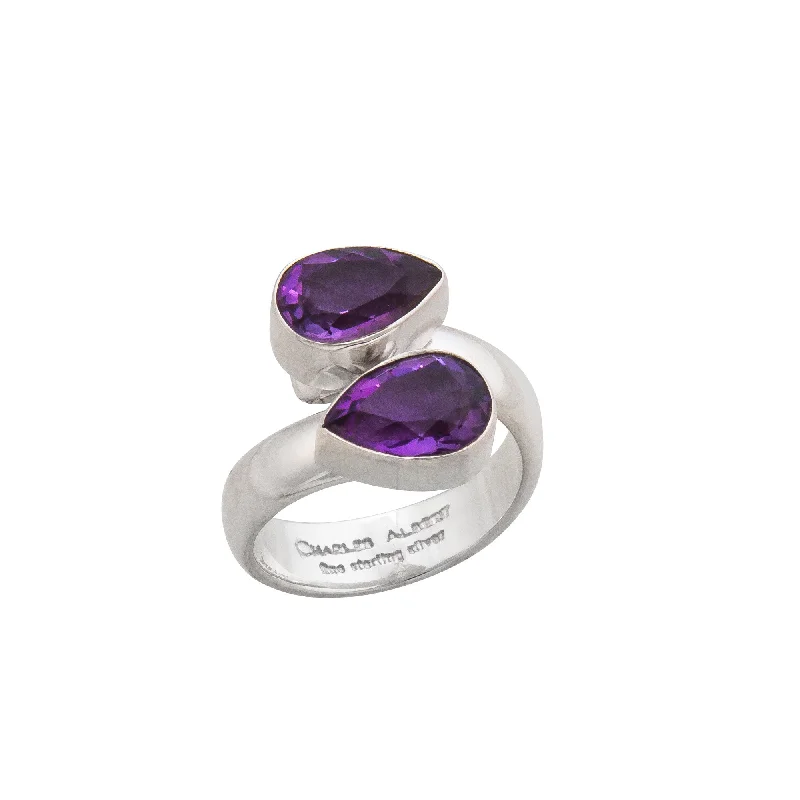 Sterling Silver Amethyst Teardrop Bypass Adjustable Ring