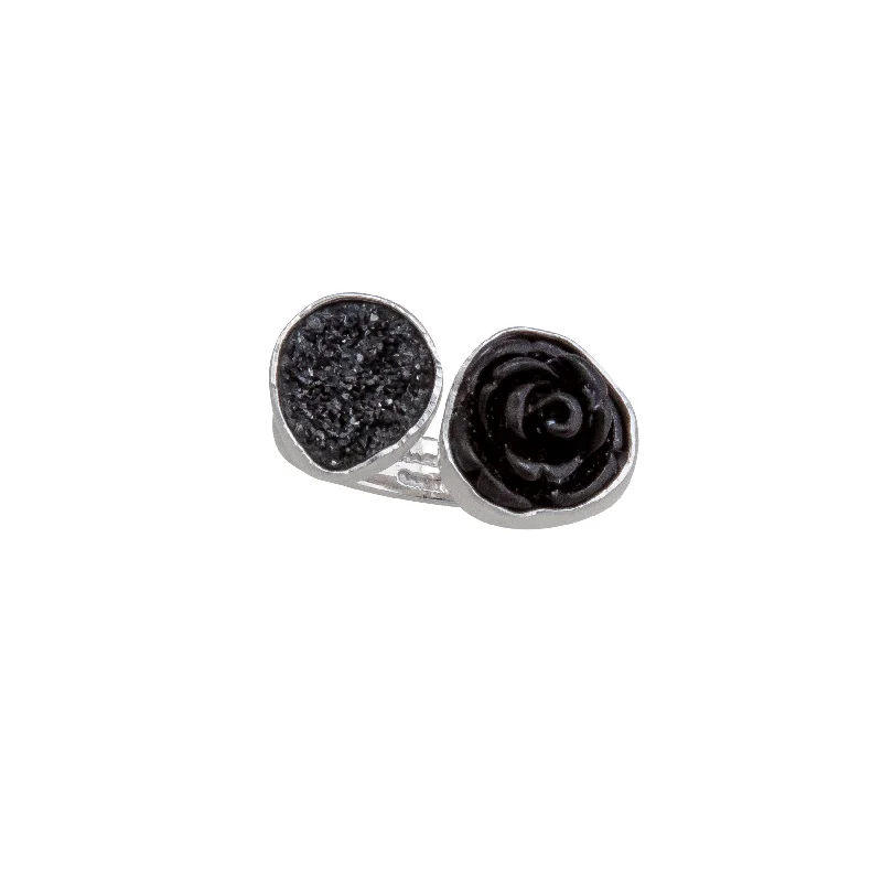 Sterling Silver Black Resin Rose and Black Druzy Floating Adjustable Ring