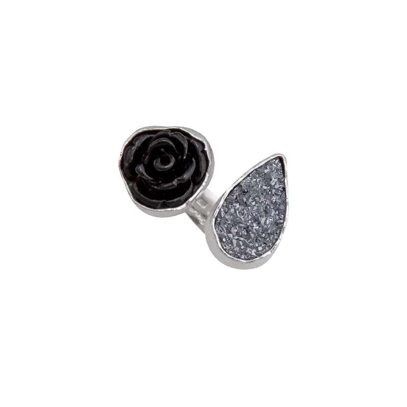 Sterling Silver Black Resin Rose & Platinum Druzy Floating Ring