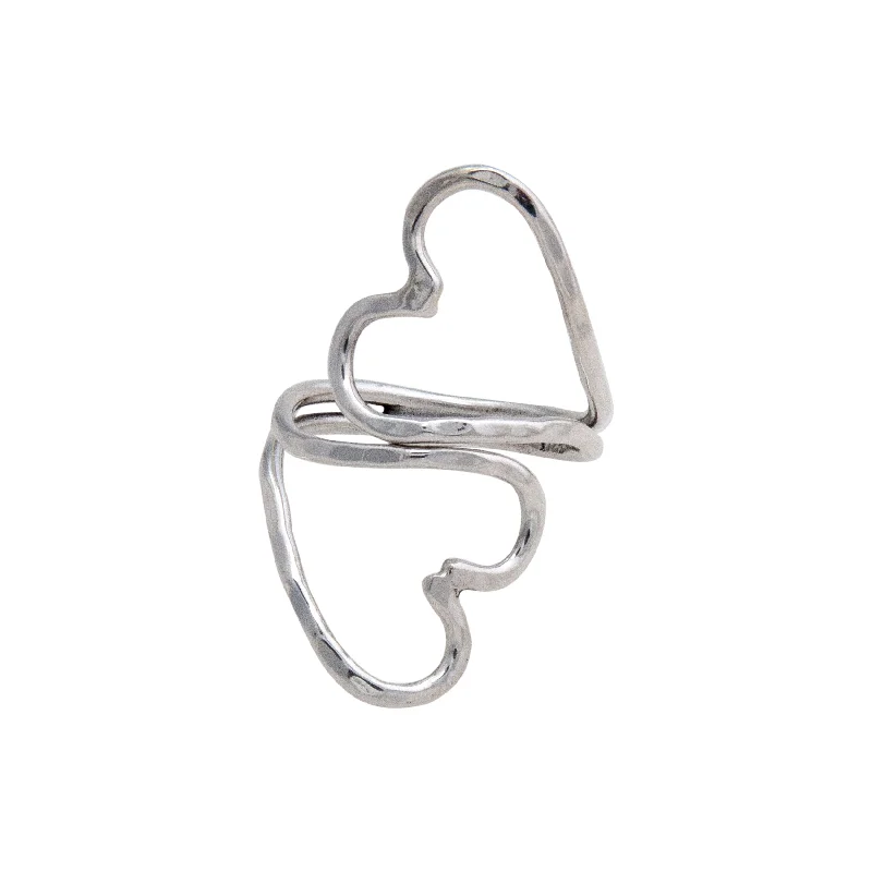 Sterling Silver Double Heart Hammered Adjustable Ring