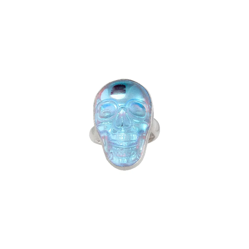 Sterling Silver Luminite Skull Adjustable Ring - Small