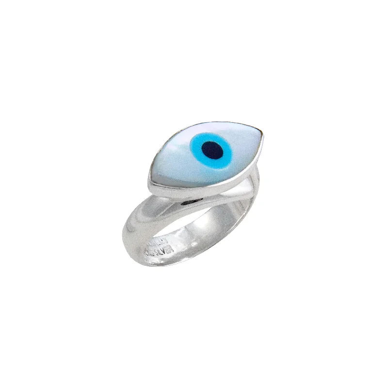 Sterling Silver Mother of Pearl Evil Eye Adjustable Ring