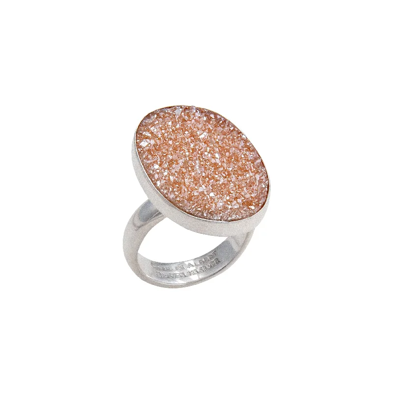 Sterling Silver Peach Druzy Oval Adjustable Ring