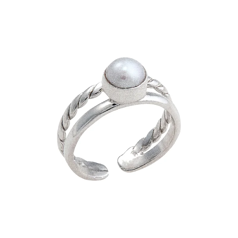 Sterling Silver Pearl High Polished and Twisted Adjustable Cuff Ring