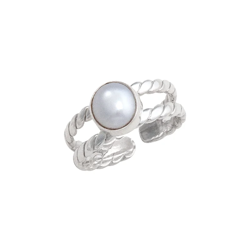 Sterling Silver Pearl Twisted Adjustable Cuff Ring