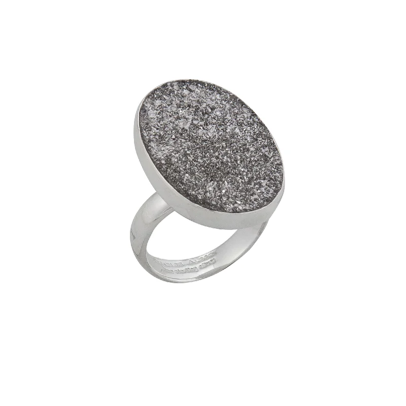 Sterling Silver Platinum Druzy Oval Adjustable Ring