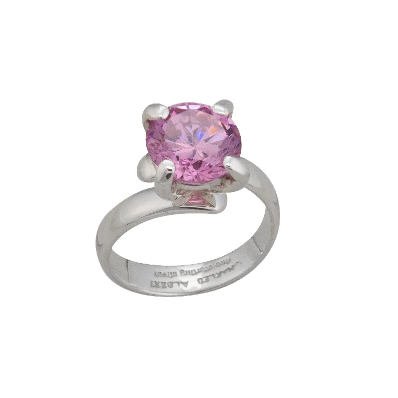 Sterling Silver Round Pink CZ Prong Set Ring