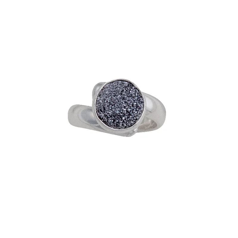 Sterling Silver Round Platinum Druzy Adjustable Ring