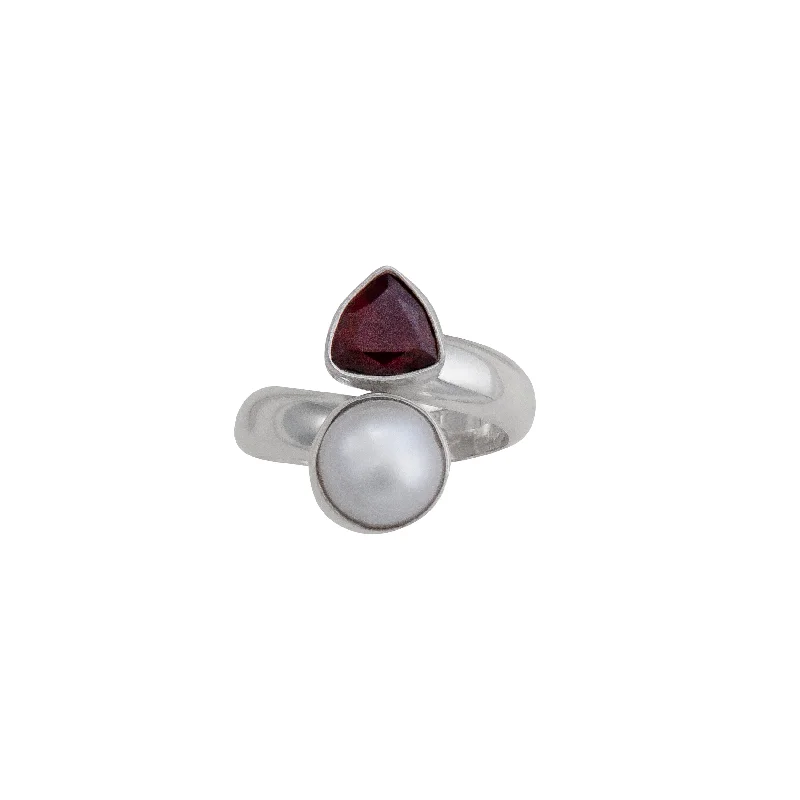 Sterling Silver Garnet and Pearl Bypass Adjustable Ring