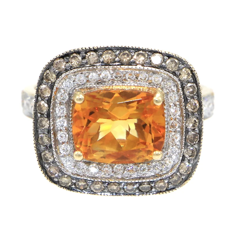 Suzy LeVian Citrine Chocolate Diamond Halo Pave Ring Braided 14k Yellow Gold