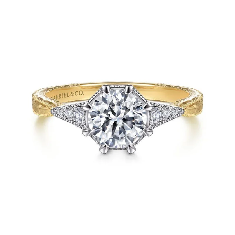 Vintage Inspired 14K White-Yellow Gold Round Diamond Channel Set Engagement Ring