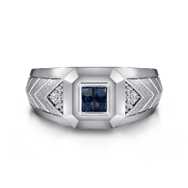 Wide 925 Sterling Silver Chevron Mens Ring with Sapphire in High Polished Finish