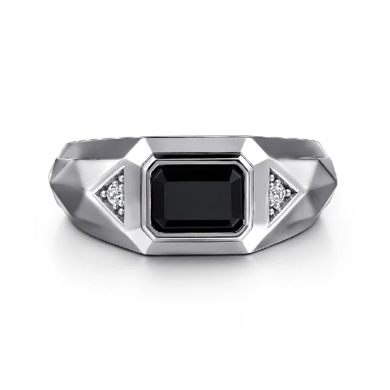 Wide 925 Sterling Silver Faceted Mens Ring with Onyx in High Polished Finish