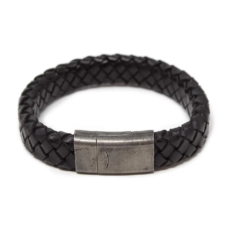 Bk Braided Leather Bracelet W Antique Silver Clasp