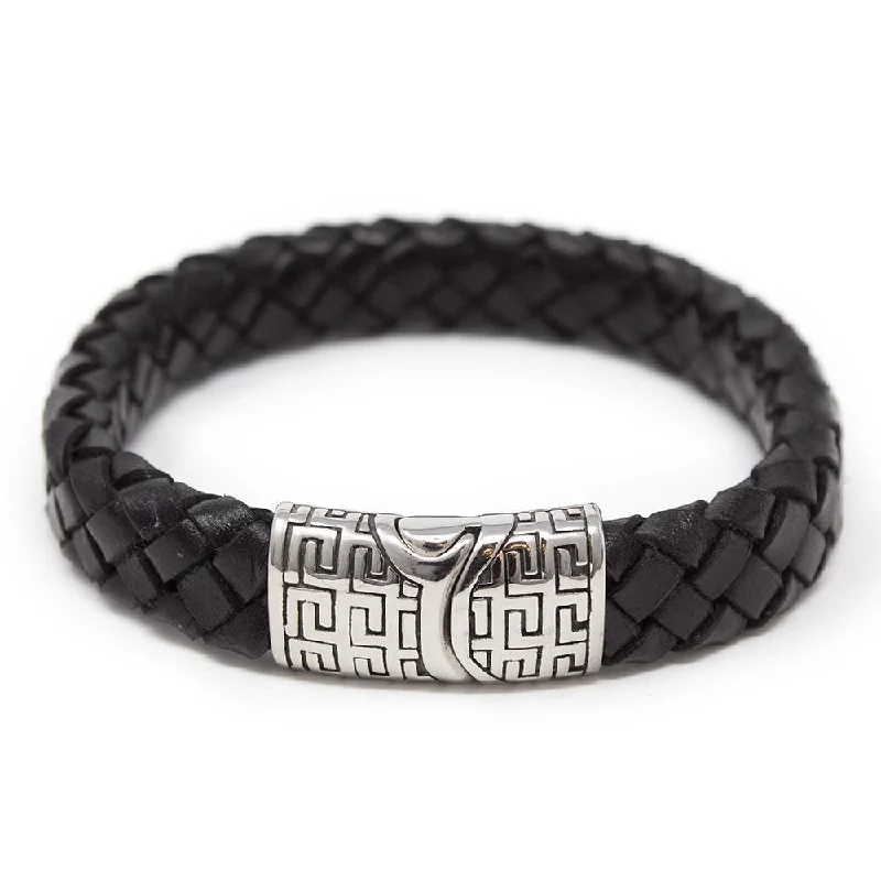 Black Braided Leather Bracelet W Greek Clasp Silver T