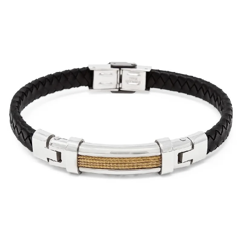 Black Leather Gold Stainless Steel Cable Station Bracelet