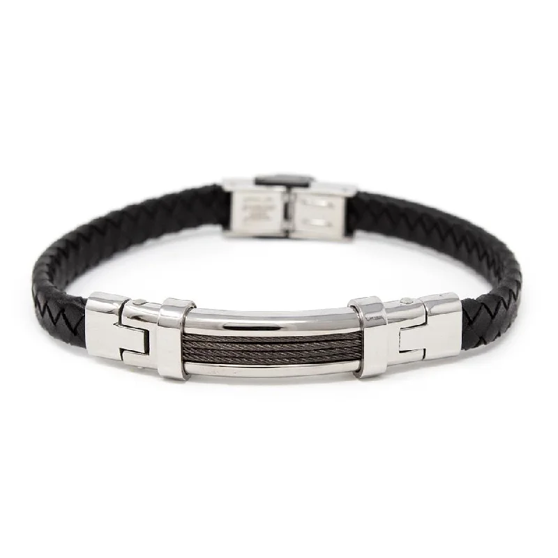 Black Leather Hem Stainless Steel Cable Station Bracelet