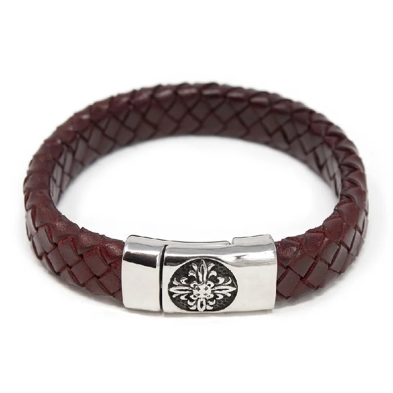 Braided Leather Bracelet with Flower Clasp Burgundy Medium