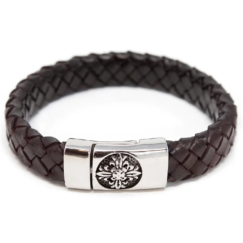 Braided Leather Bracelet with Flower Clasp Dark Brown Large