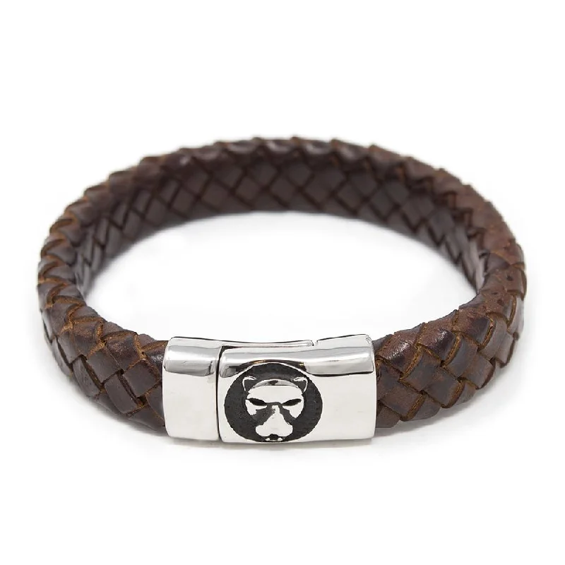 Braided Leather Bracelet with Lion Clasp Brown Medium