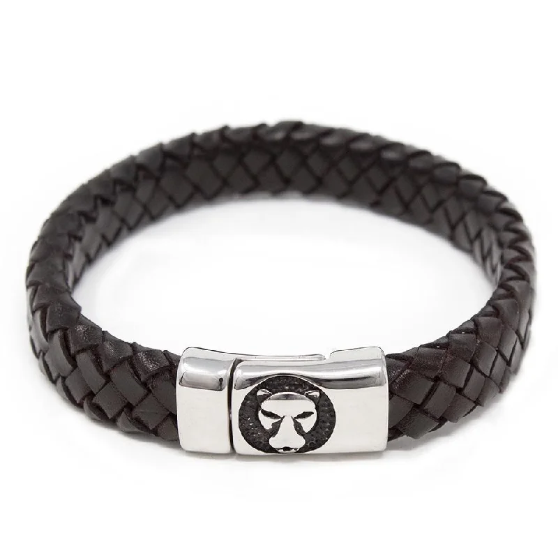 Braided Leather Bracelet with Lion Clasp Dark Brown Large