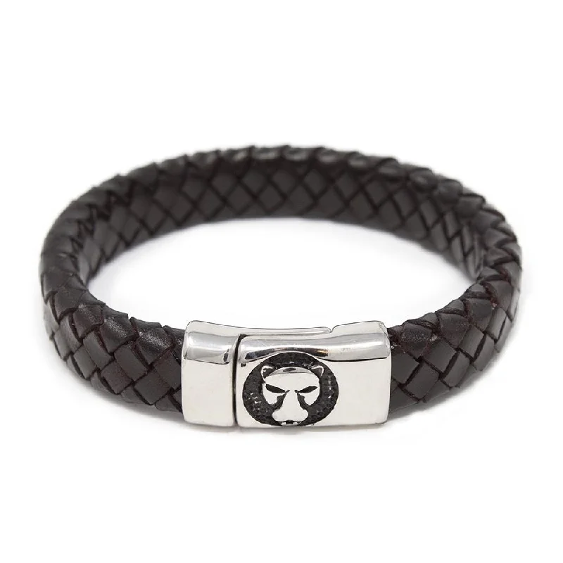 Braided Leather Bracelet with Lion Clasp Dark Brown Medium