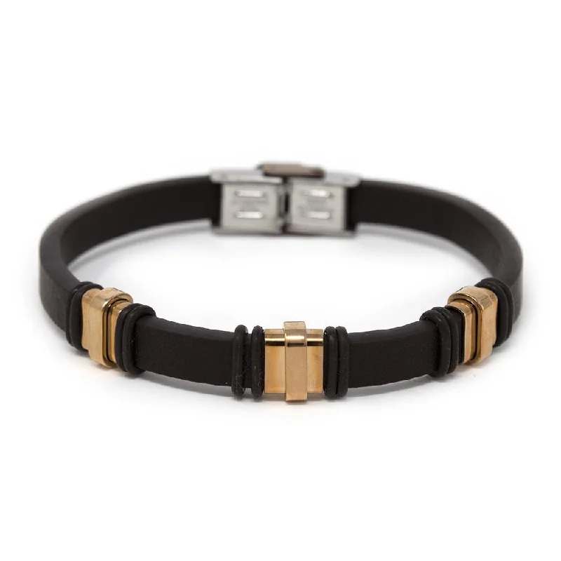 Brown Leather Rose Gold Stainless Steel Three Barrels Bracelet