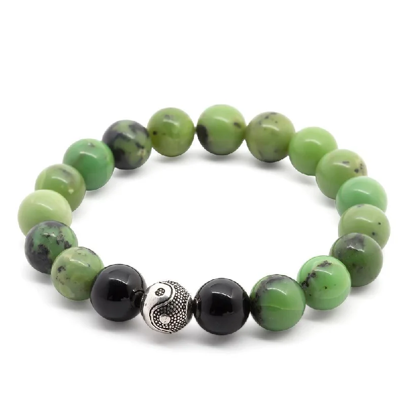 Chrysoprase/Onyx Stretch Bracelet with 925 Sterling Silver Bead